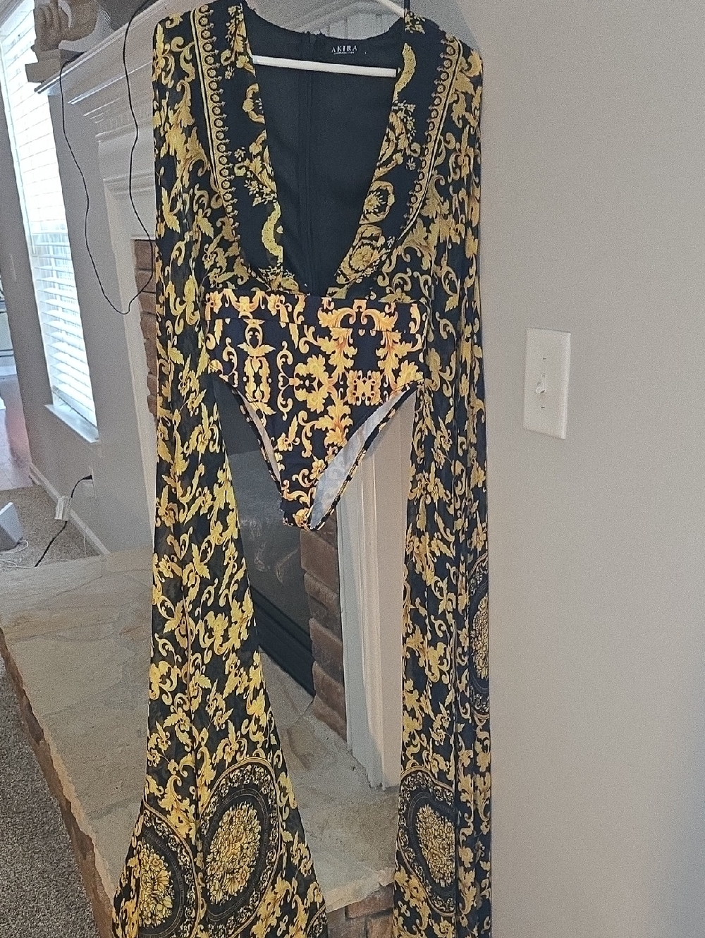 AKIRA Black & Gold Baroque Body Suit Deep V Long-Sleeve Jumpsuit